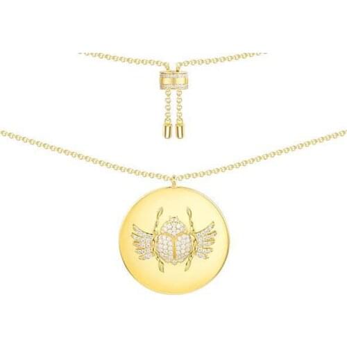 925 Sterling Silver Yellow Gold Color Scarab Coin Pendant Necklace Inlaid Cubic Zirconia CZ Choker Egypt Fine Women Jewelry