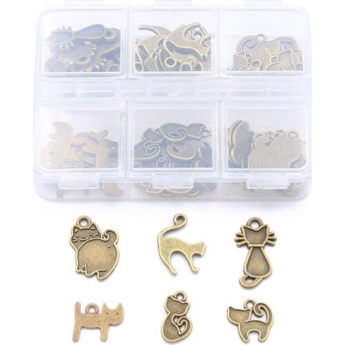 1 Set 60Pcs/Lot 2 Color 6 Styles Charm Small Cat Animal Pendant With Box For DIY Jewelry Necklace Bracelet Making Material