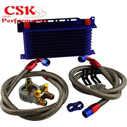 10 Row Engine Trust Oil Cooler w/ Thermostat 80 Deg Oil Filter Adapter Kit Blue/ Black/ Gold