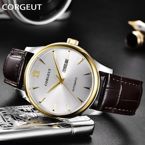 CORGEUT Watch Mens Casual Leather Mechanical Mens Watch Top Brand Luxury Business Clock Male Sport Waterproof Date Мужские часы