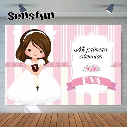 Sensfun Mi Primera Comunión Photography Backgrounds Flowers Cross Pink White Girls Baptism Backdrop For Photo Studio Customized