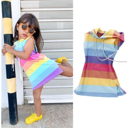 Kids Baby Girl Summer Clothes Sleeveless Rainbow Striped Dress Outfit Hooded Straight Dress Sunsuit 1-7Y