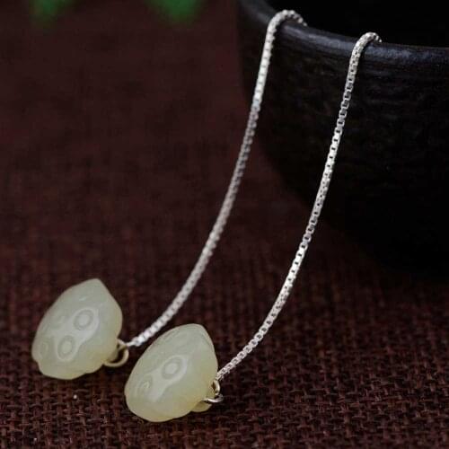 FNJ Natural Jade Lotus Earrings 925 Silver 100% Pure Original S925 Silver Sterling Long Drop Earring for Women Jewelry