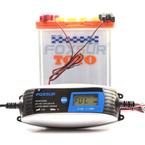 FOXSUR 6V 12V 4A Smart Battery Charger, Motorcycle car UPS AGM WET GEL CA Battery Charger with SAE Connector LCD display