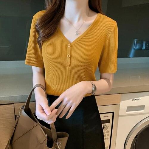 LIBERJOG Women T-shirt Short Sleeve V-neck Stretch Slim T Shirt Tight Tee Summer Tops Female Solid Colors Tops Tshirt Plus Size