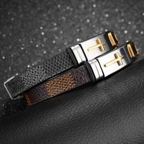 Brown / Black Leather with 316L Stainless Steel Cross ID Bracelet Bangle Unisex Mens Punk Jewelry 8