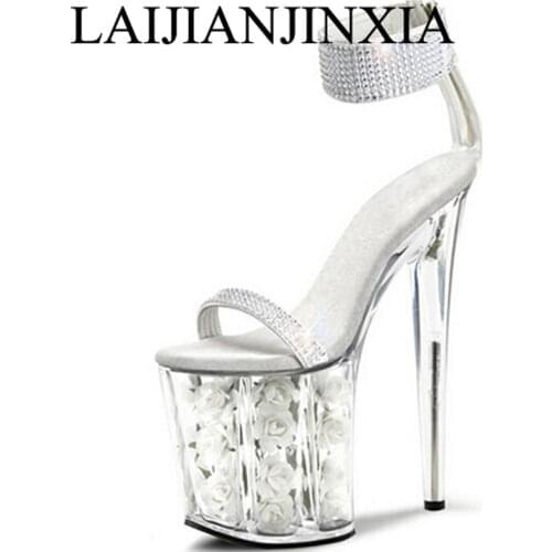 LAIJIANJINXIA Flowers Women Platform Sexy Ankle Straps Sandals For Women Wedding Shoes 20cm Pole Dancing High Heels Dance Shoes