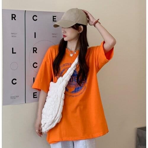 Summer college style letter printing half-sleeved mid-length loose cotton T-shirt all-match casual women