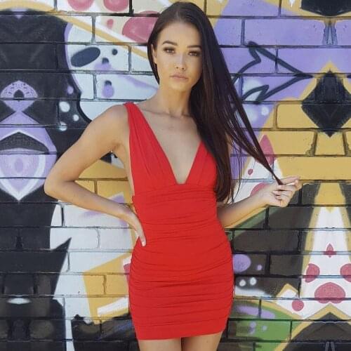 Fashion Women Sexy Backless Deep V Neck Dresses Sleeveless Slim Vestidos Vest Tanks Bodycon Dress Strap Solid Party Dress