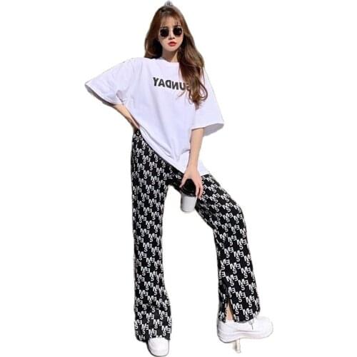 Fashion Tracksuit Women 2021 Summer New Pant Suits Letter Printed T-Shirt Women Are Thin and wide leg pants two piece set women