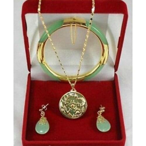 Charming green jade Dragon Phoenix pendants necklace earring bracelet set