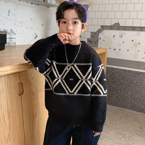 2021 Autumn Winter New Thick Crew Neck Sweater Kids Boys Warm Knitted Tops Teens Casual Sport Puloover Clothing 10 11 12 13 14 Y