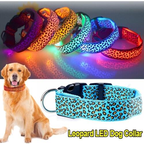 Leopard LED Dog Collar Adjustable Luminous Glowing Collar For Dogs Pet Night Safety Nylon Collar Flashlight Bright Cat Neck Belt