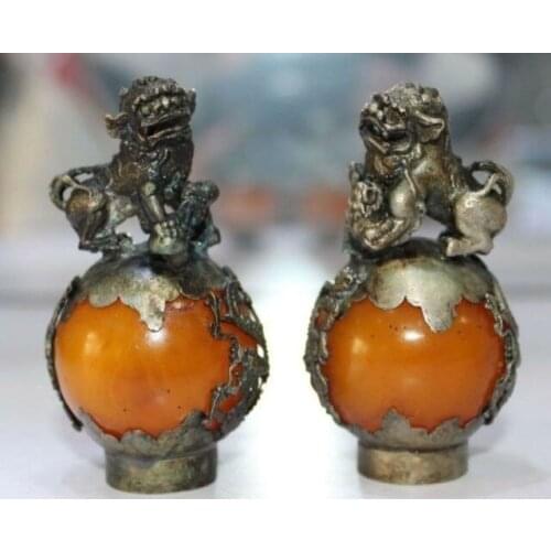 A Pair of Old Tibet Silver Hand Carved Amber Dragon Phoenix Ball Lion Statues