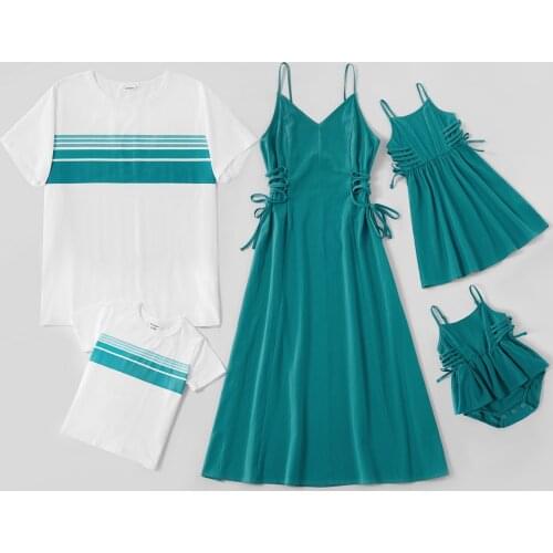 PatPat 2021 New Arrival Summer Mosaic Family Matching Turquoise 100% Cotton Sets (Tank Dresses - Rompers - Tops) Family Look