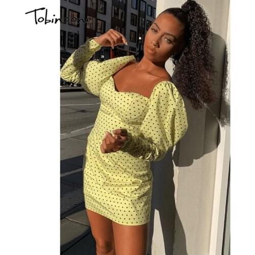 Tobinoone Dot Elegant Autumn Sexy Dresses Women Long Sleeves Backless Bodycon Short Dress Square Collar Fahsion Casual Sundress