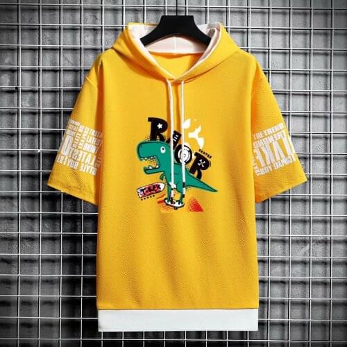 Korean Mens Hoodie Fashion Streetwear Short Sleeve Hooded Sweatshirts Men Casual Harajuku Trend Prints Men Clothing Hoodies