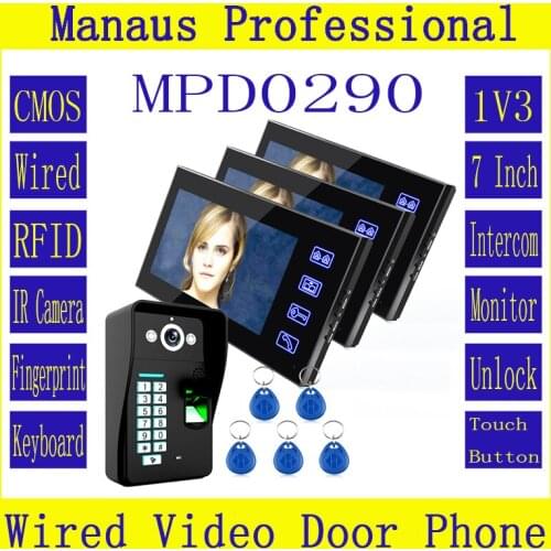 Three 7 Inch Lcd Touch Key RFID Monitor + HD 1000 TVL IR Camera Fingerprint Recognition Video Door Phone Intercom System D290a