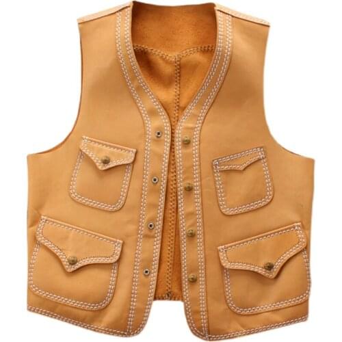 Vintage Beige Men Casual Genuine Leather Vest Thin 100% Sheepskin Western Cowboy Waistcoat Biker Leather Sleeveless Jacket