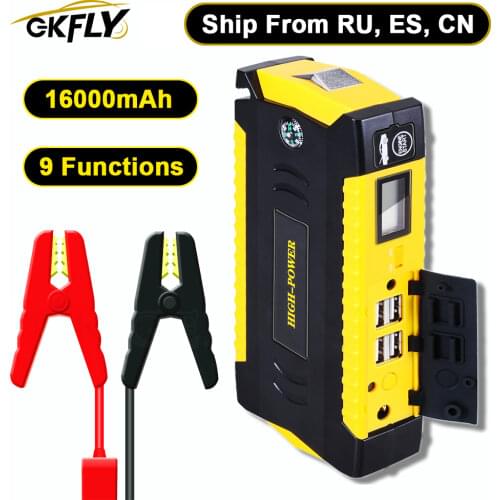 GKFLY High Capacity 16000mAh Starting Device Booster 12V Portable Car Jump Starter Cables Power Bank Car Starter Battery Charger