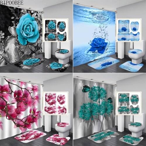 Butterfly Rose Flower Shower Curtain Beautiful Flowers Bath Mat Flannel Toilet Lid Cover Non-Slip Carpet Bathroom Curtains Set