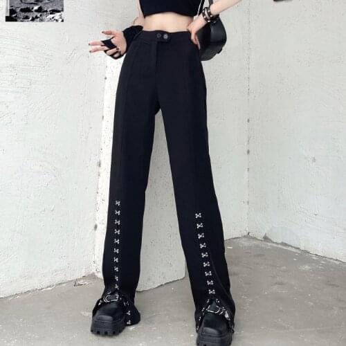 JMPRS High Street Women Black Pants Fashion Gothic Summer High Waist Split Fork Loose Straight Full Pants Y2K Female Trousers
