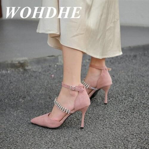 WOHDHE Sexy High Heels Shoes For Women Pumps Party Wedding Shoes Thin Heels High Heels Chain Designed Pointed Toe Elegant