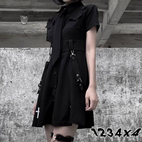 QWEEK Black Shirt Dress Women 2021 Fashion Gothic Style Dress 2021 Fashion Streetwear Women Sundress Dress Gothic Punk Rave
