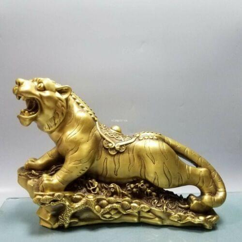 14'' brass china home feng shui treasure animal tiger statue