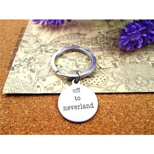 3pcs/lot 28mm stainless steel keyring with 20mm stainless steel circle "off to neverland" charms keyring