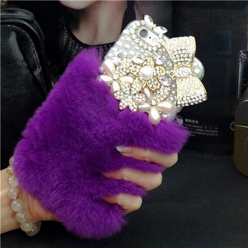 Luxury Bling bowknot/small flowers Warm Soft Beaver Rabbit Fur phone cases for iphone 12 X XS MAX XR 11 Pro MAX 6 6s 7 8 8 Plus