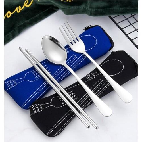 Travel Portable Stainless Steel Chopsticks Fork Spoon Coffee Spoon Tableware Set Bone Pillow Cloth Bag Germaphobe Work Out Gift