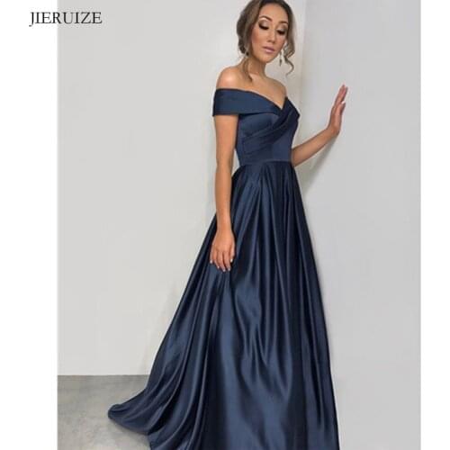 JIERUIZE Dark Navy Blue Off the Shoulder Long Evening Dresses Simple Long Prom Party Dresses Evening Gowns Cheap Formal Dress