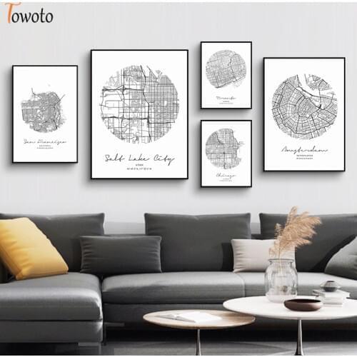City Map Print Nordic Poster Minimalist Coordinate Canvas Painting Modern Black and White Wall Art Wall Pictures for Living Room