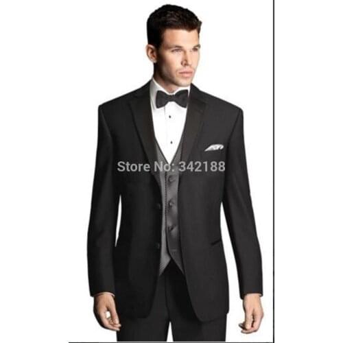 Best sale Groom Tuxedos Black Best man Notch Satin Lapel Groomsman Men Dinner Wedding Suits Bridegroom(Jacket+Pants+Tie+Vest)wed