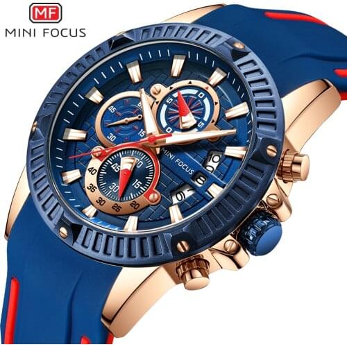 MINI FOCUS 2019 Fashion Quartz Watch Men Rubber Strap Blue 3 Dials 6 Hands Calendar Multifunction Sports Waterproof Wristwatches