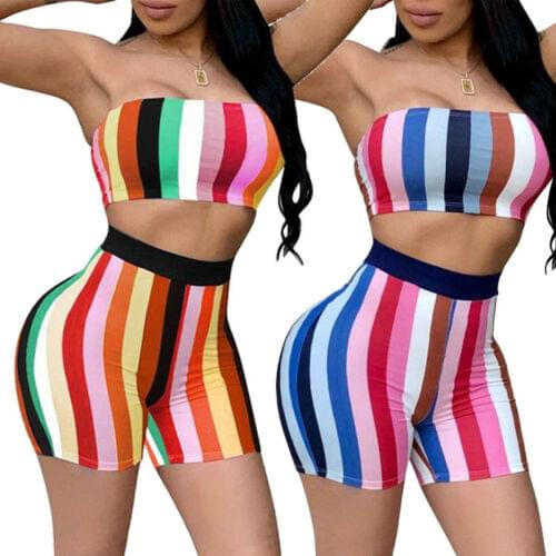 New Fashion Womens Sexy 2 Piece Outfits Bodycon Stripe Print Crop Top and High Waist Shorts Summer Clothes Sets