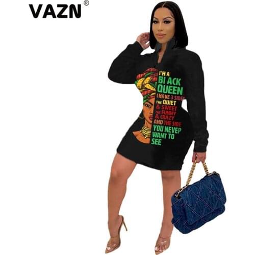 VAZN 2020 Hot Popular Black High-end Overalls Young Daily Casual Regular Letter Full Sleeve Women High Waist Thin Mini Dress