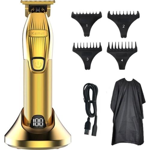 Kemei Professional Rechargeable Hair Trimmer Portable Gold Cordless T-blade Hair Clipper Shaving for Stylists Barber Beard Cut