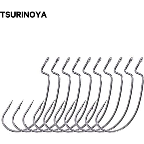 TSURINOYA Fishing Hooks 10pcs/lot High Carbon Steel Soft Lure Group Fishing Tackle Wide Super Lock Fishhooks Lure Softjerk Hooks