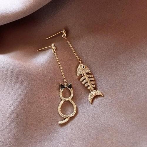 Women Fashion Cat Fish Bone Shape Long Dangle Ear Studs Earrings Party Jewelry