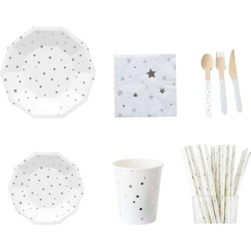 Silver Stars Party Tablewares Disposable Paper Plates Cups Dinner Napkin Straws Wooden Spoon/Knife/Fork with Chrome Star balloon