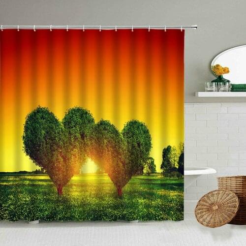 Love Heart Shape Tree Valentines Day Shower Curtain Natural Landscape Bathroom Bathtub Blackout Waterproof Cloth Curtains Set