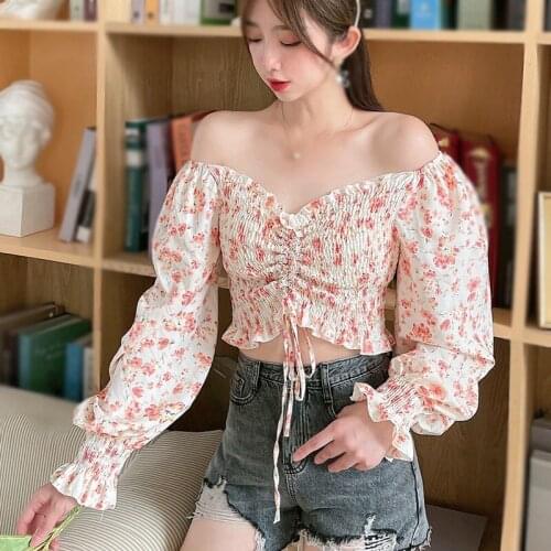 Women T shirt Floral Print Tops Long Sleeve T shirts Korean Style Crop Top Ladies Summer Wear Streetwear Women Clothing
