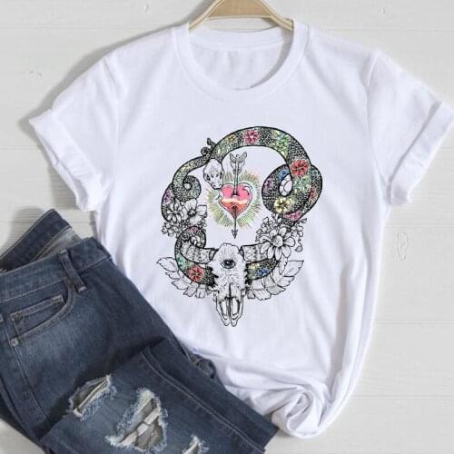 T-shirts Women Heifer Skull Flower Vintage Fashion 2021 Spring Fashion Clothes Stylish Tshirt Top Lady Print Sweet Tee T-Shirt