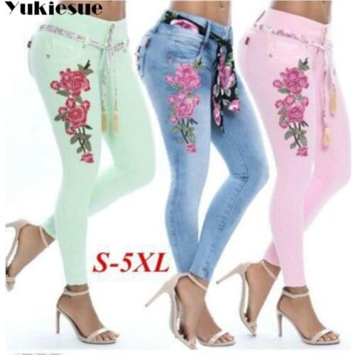2019 Jeans Female Denim Pants embroidery pink green Womens Jeans Donna Stretch Bottoms Feminino Skinny Pants For Women Trousers