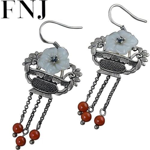 FNJ Hetian Jade Flower Earrings 925 Silver Original Pure S925 Sterling Silver Drop Earring for Women Jewelry Tassel Red Agate