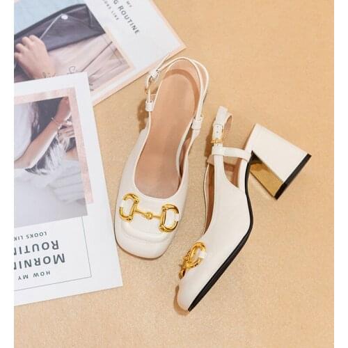 2021 Hot Sell Block Heel Slingback Pumps Square Toe Solid Black White Leather Dress Women Shoes Mary Jane Retro Pumps Ladies