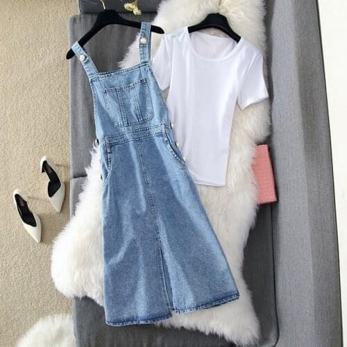 Women Long Denim Dress Set 2020 Spring Summer White T-shirt +Strap Jeans Dresses Sundress 2 Pieces Set Female Dress Suit Y166
