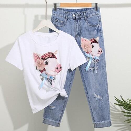 Women Casual Sequins Cartoon Pig Print T Shirts Pants Suits Cartoon Printed Woman Loose Tshirt Calf-Length Denim Trousers Sets